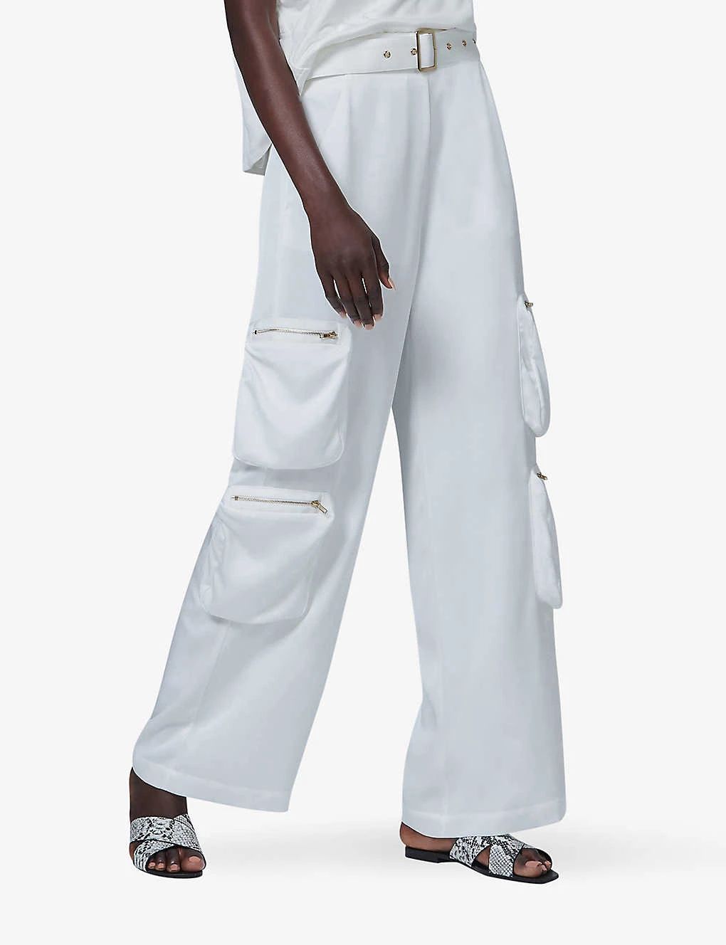 Patch-pocket Belted Wide-leg Woven Cargo Trousers - Image 3