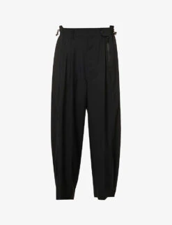 Elasticated-waist Dropped-crotch Wide-leg Mid-rise Wool Trousers