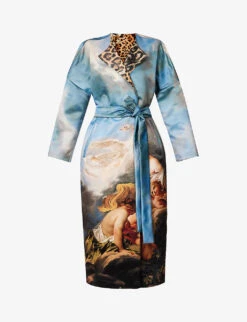 Roberto Cavalli Graphic-print Self-tie Satin Coat