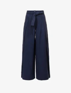 ME AND EM Belted Wide-leg High-rise Woven Trousers