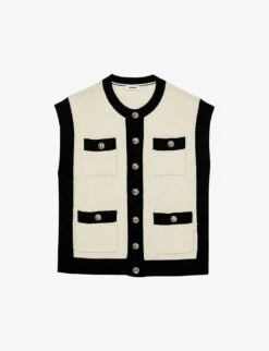 Sandro Lunea Contrast-panel Sleeveless Wool Cardigan